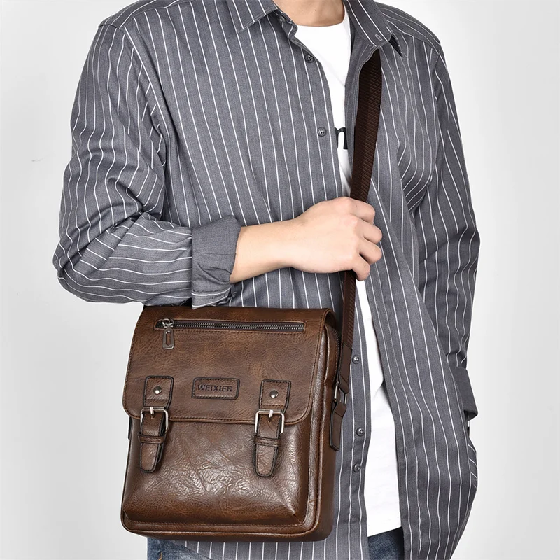 Tas bahu kulit PU pria, tas selempang bisnis selempang santai kapasitas besar, tas tangan kerja
