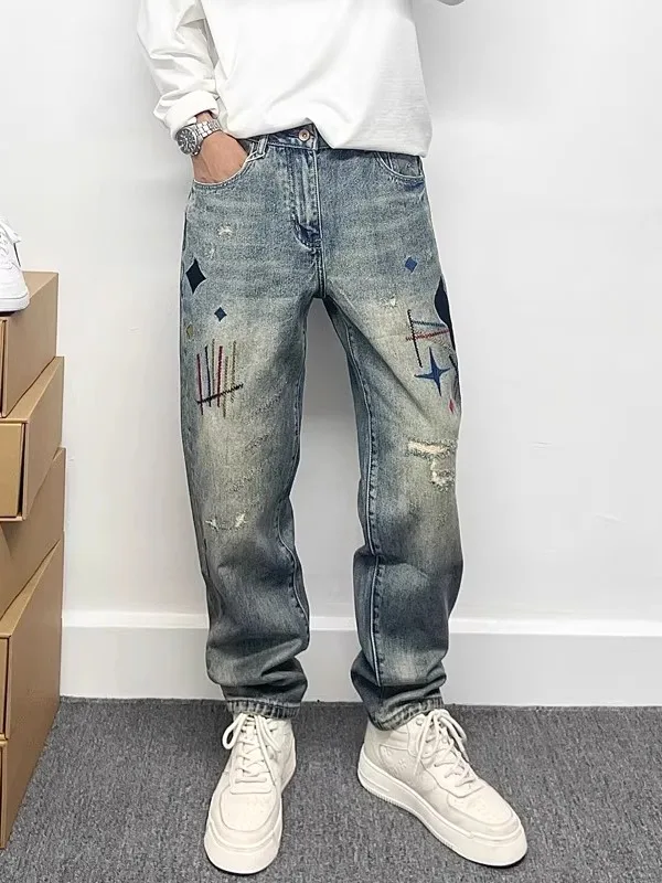 

Модные мужские высококачественные прямые джинсы с вышитыми отверстиями, осенний модный бренд, американский сле