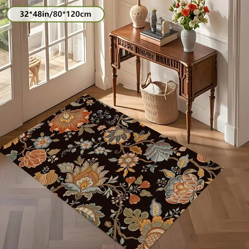 Black Exotic Floral Rug Vintage Soft Velvet Living Room Bedroom Whole House Decor