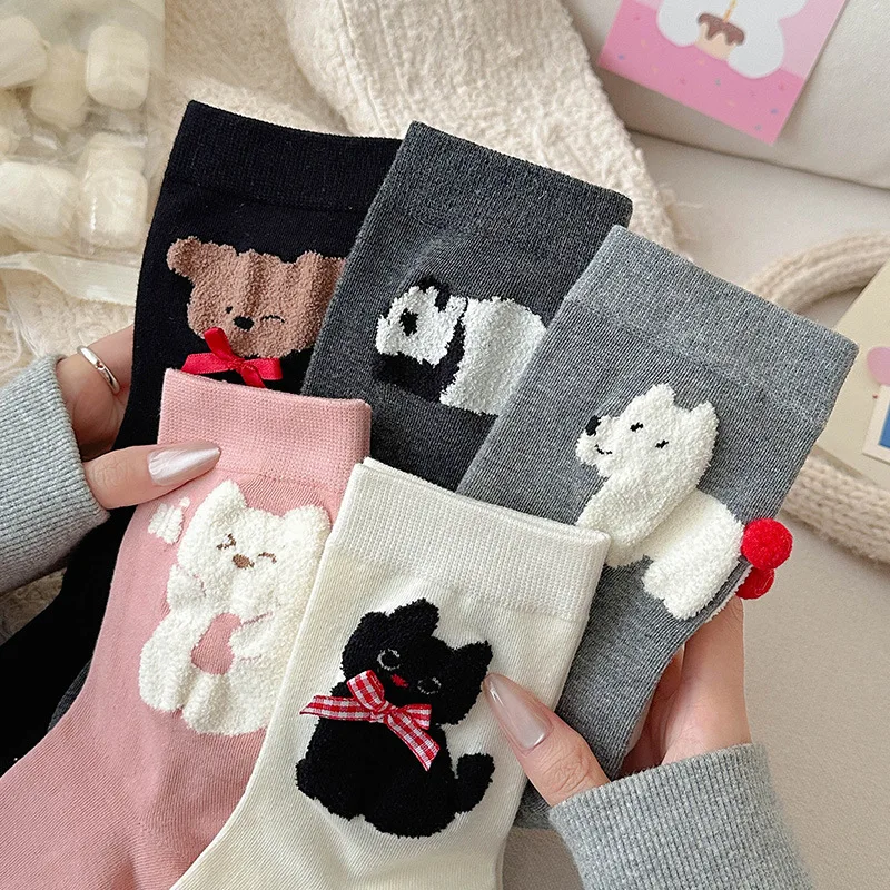 

White Cotton Mid Calf Socks for Women Cute Cartoon Ball Design Autumn 2025 New Japanese Style Fashion Socks