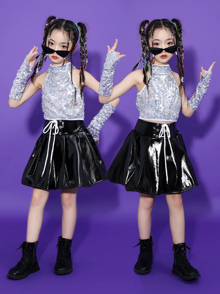 Girls Hip Hop Street Dance Tide Clothes Performance Costume Children Sequins Hiphop Jazz Dance Clothes Modeling Runway Suit