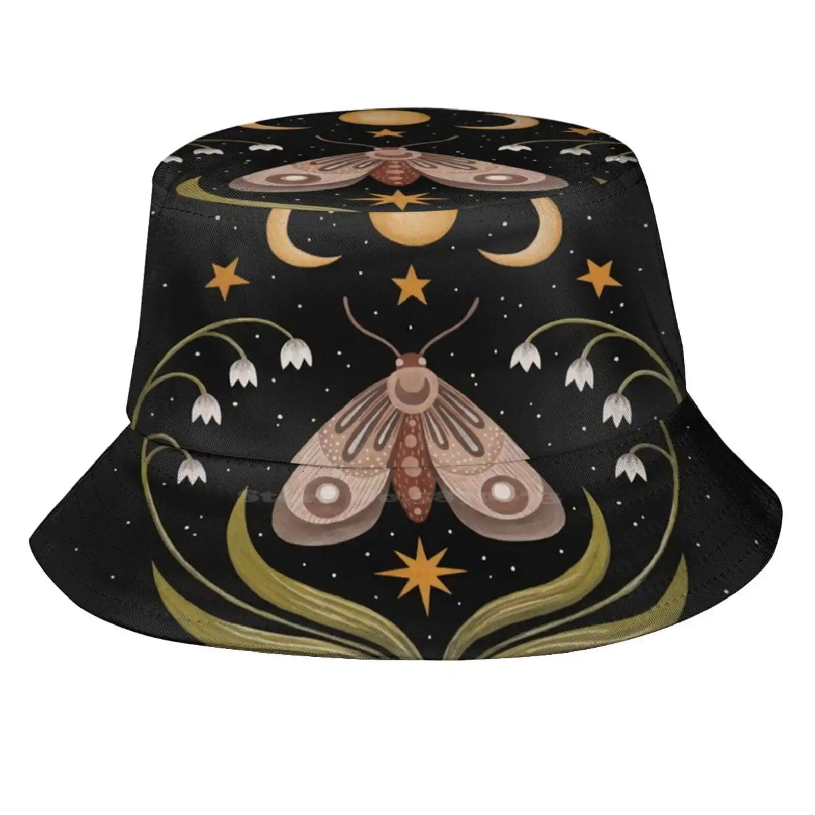 Under The Three Moons Sun Cap Fisherman Hat Bucket Hats Gouache Moth Butterfly Insects Nocturnal Night Dark Black Flowers Lily