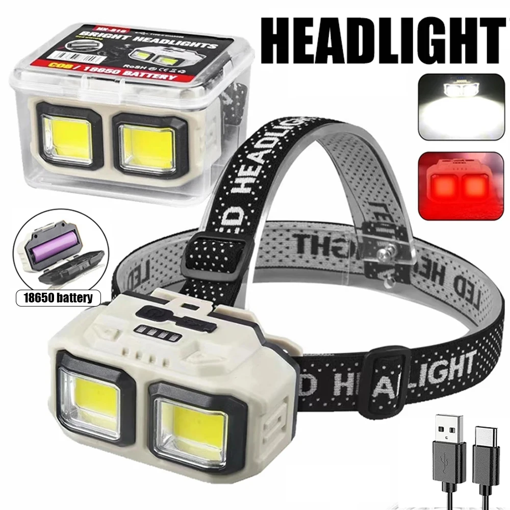 Super Bright LED Sensor Headlamp Type-C Charge Head Flashlight with 18650 Battery Outdoor Waterproof Camping Fishing Headlight