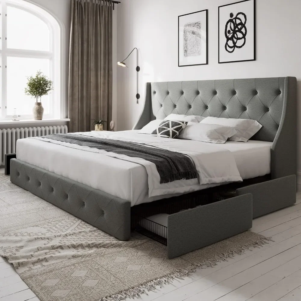 

Queen-size bed frame with 4 storage drawers and wing-back headboard, button-tufted design, no need for a box spring