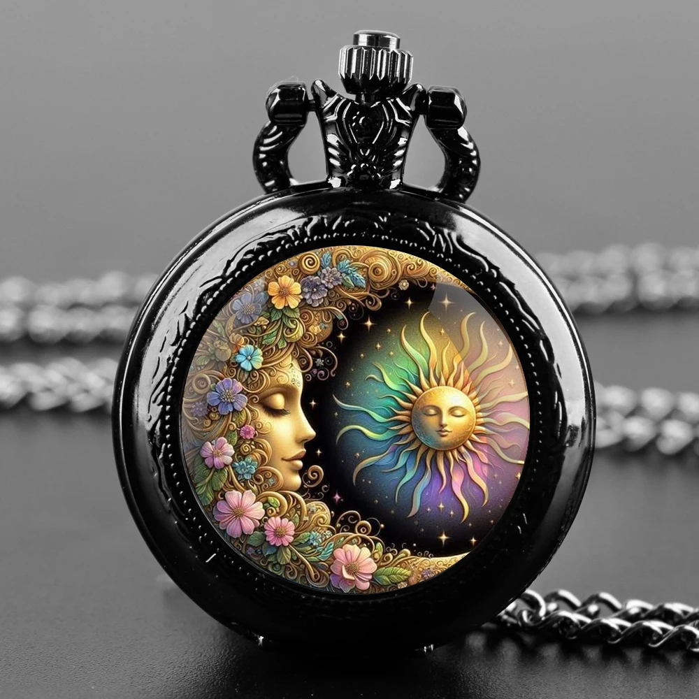 Sun and Moon Goddess Quarzt Pocket Watch with Chain Necklace Vintage Quartz Pendant Watches Clock Chain Mens Women