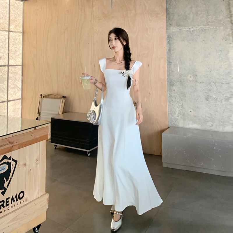 New Summer Sling Solid Midi Dress for Women Flying Sleeve Square Neck Elegant Slim Waist Casual Holiday Party Fairy Dresses