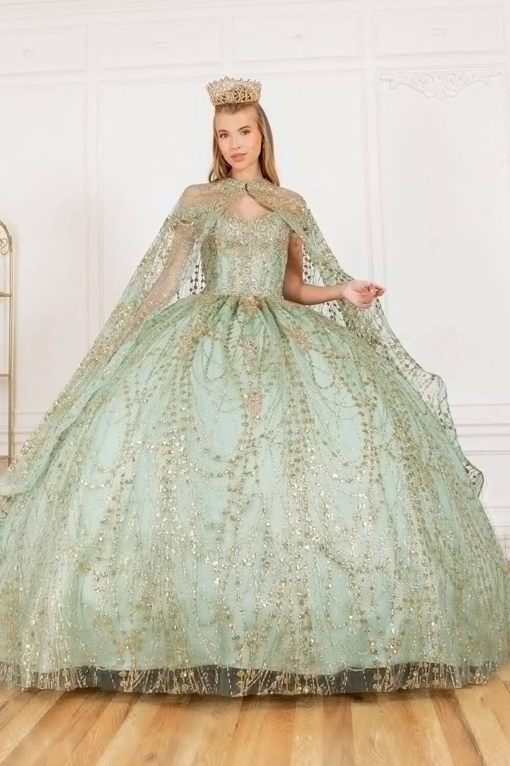 High-end Sage Green Princess Ball Gowns Quinceanera Dresses Fashion Sparkling long off shoulder cape Vestidos De XV Anos