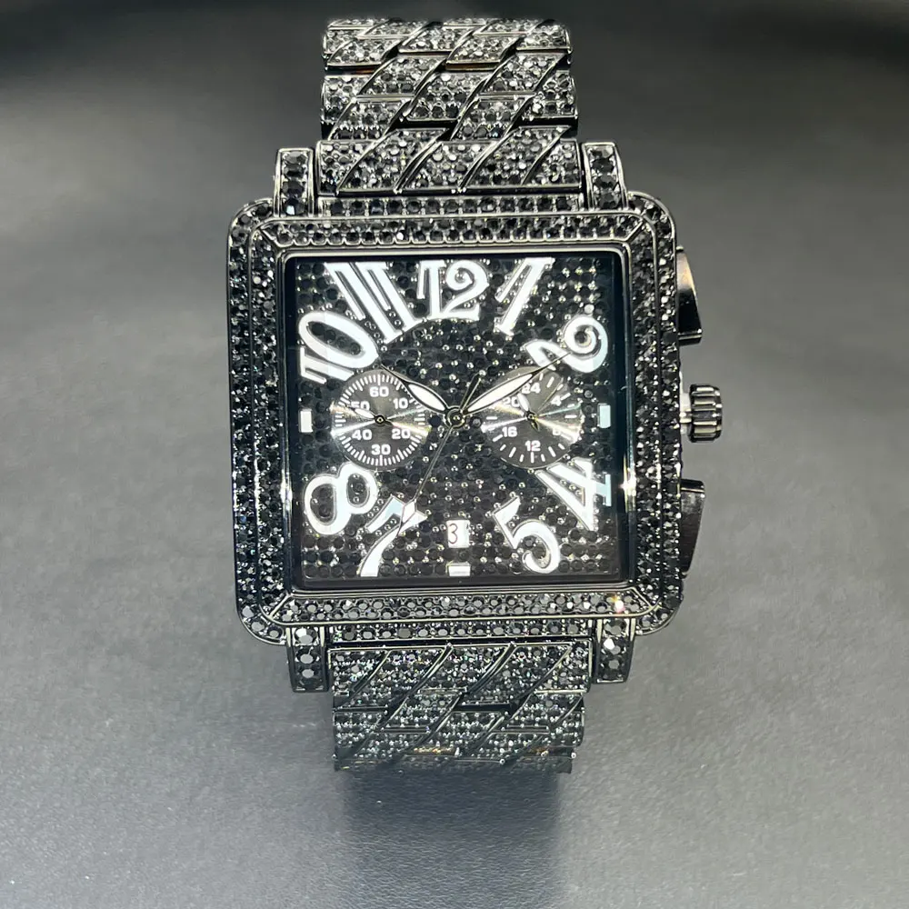 MISSFOX Men's Watches Luxury Diamond Black Iced Out Quartz Watch Top Brand Waterproof Big Dial Square Reloj Hombre Hot Sale