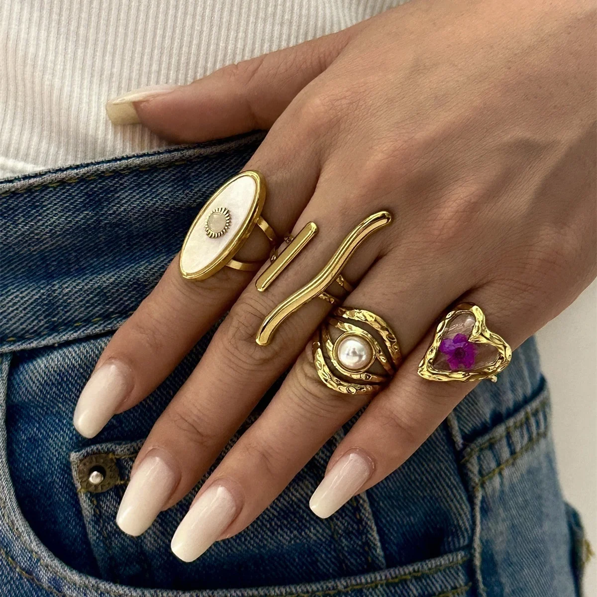 Ästhetische, natürliche Kieselsteine, spiralförmige, imitierte Perlen, strukturierte, gewellte Ringe für Damen und Herren, Edelstahl, geometrischer Ring, Schmuck. – Detail 13