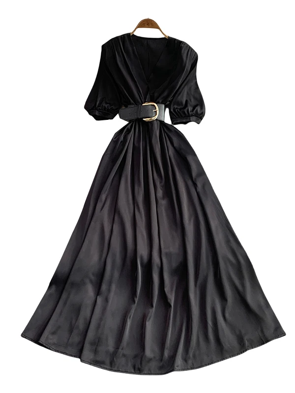 Été 2025 femmes ceinture taille a-ligne Dr Bubble Sve v-ne imprimé léopard Maxi Dr coréen Sle taille haute Midi Dr