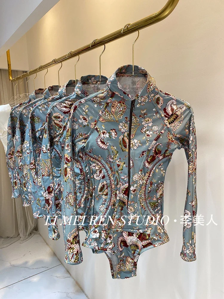 New Heavy Industries printed white long sleeved one-piece swimsuit for women's high-end