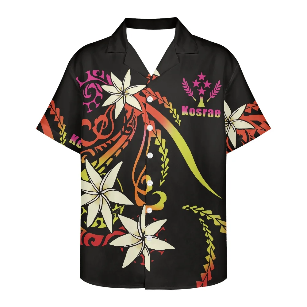 

Summer 2022 Kosrae Logo Printing Men Clothing Polynesia Traditional Tribe Frangipani printing Men Short Sleeve V Neck Shirt