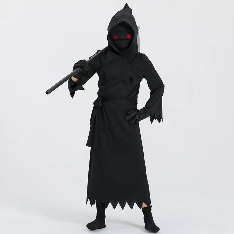 Grim Reaper Costume Cosplay Tuta Occhi rossi Bagliore Prop Falce Abito nero Mantello Guanti Vestiti Halloween Spaventoso Carnevale Dress Up