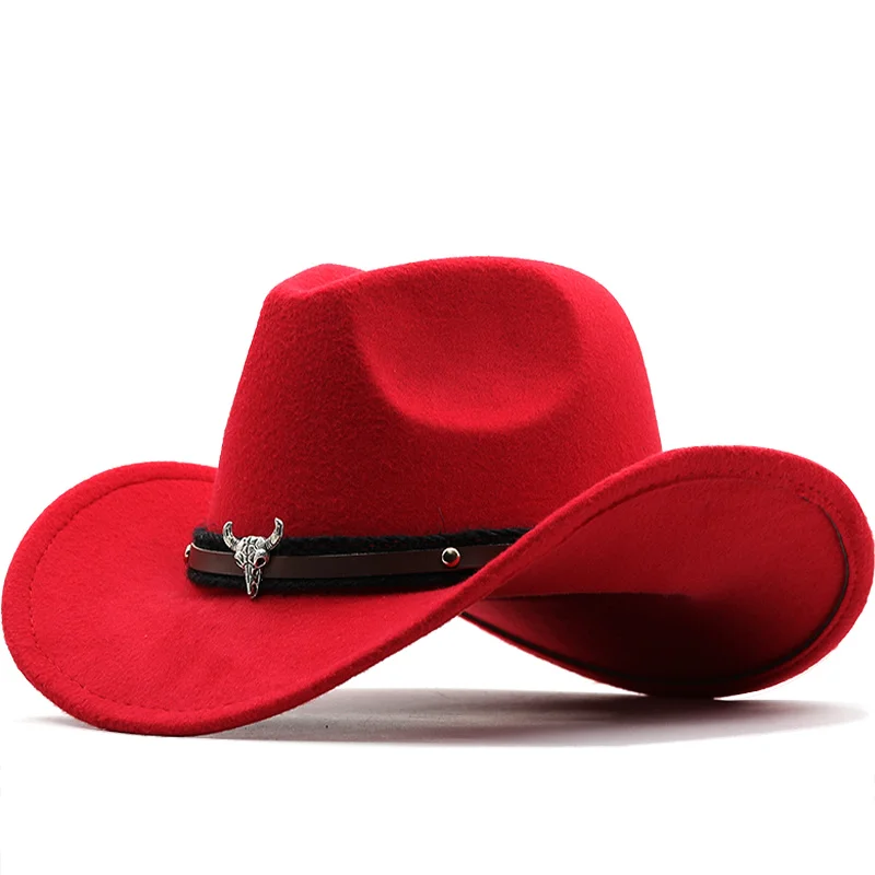 

Simple Wome Men Red Wool Chapeu Western Cowboy Hat Gentleman Jazz Sombrero Hombre Cap Dad Cowgirl Hats