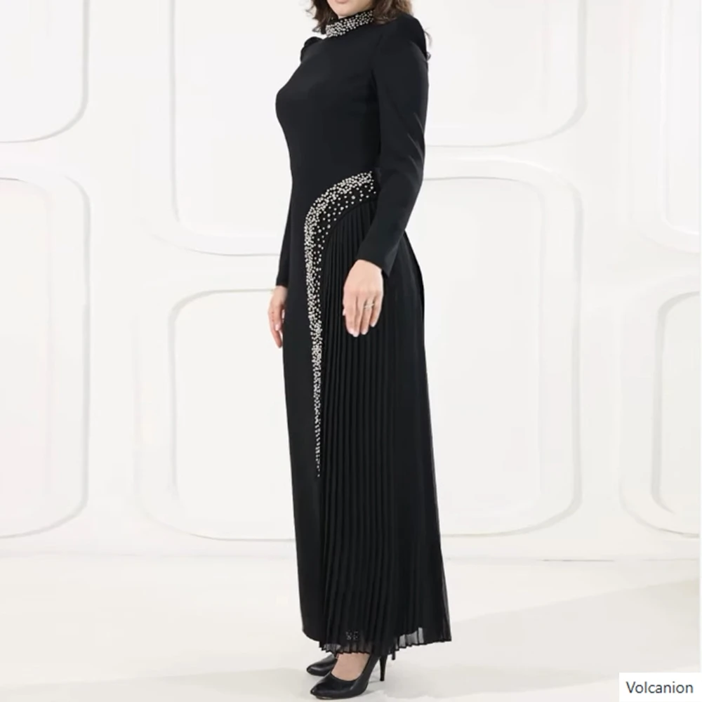 Robe de soirée trapèze personnalisée, longueur cheville, col haut, manches longues, robe de bal, plissée en cristal, Simple, drapée, à la mode