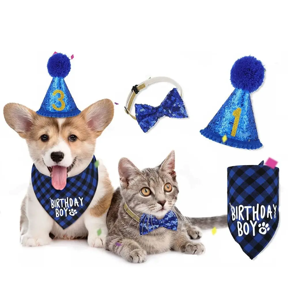 

Decorative Pet Birthday Set Polyester Adjustable Cat Birthday Hat Bow Tie Blue Dog Sequins Hat For Dogs Cats