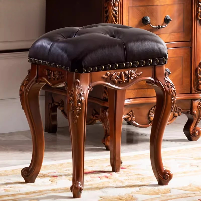 

Classic American Style Vanity Stool Leather Square Ottoman for Dressing Makeup Bench Entryway Bedroom Boudoir Accent Furniture