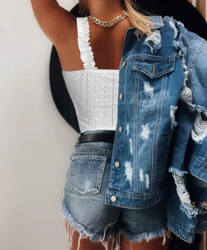 Youthful Woman Top Eyelet Embroidery Frill Hem Tank Top 2024 Spring/summer Latest Square Neck Tied Detail Skinny Daily Clothing