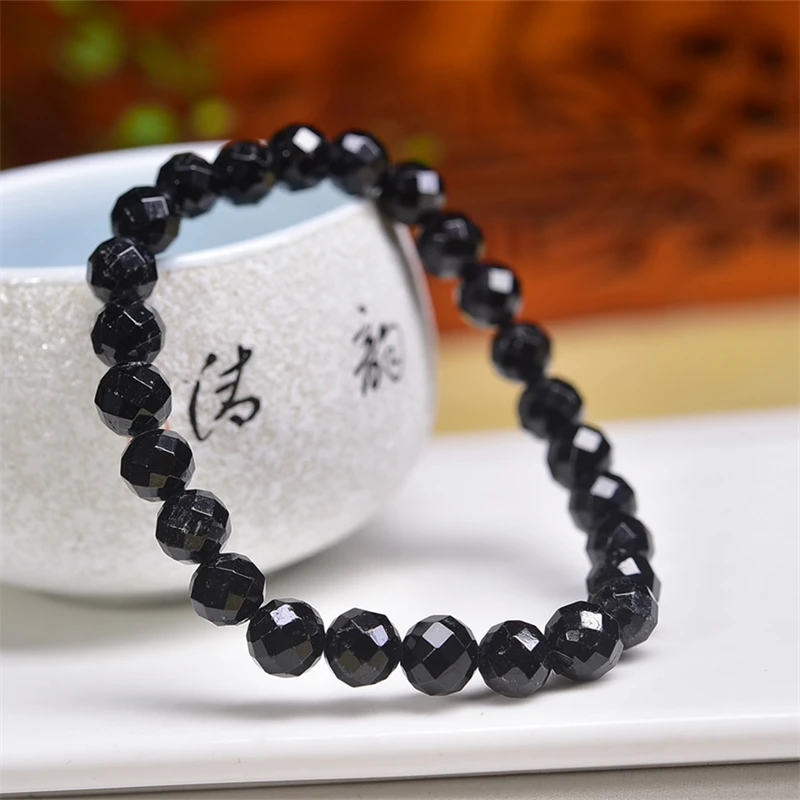 7MM Natural Black Tourmaline Facet Bracelet Fashion Reiki Gemstone Round Beads Bracelets Jewelry Couple Gift 1PCS