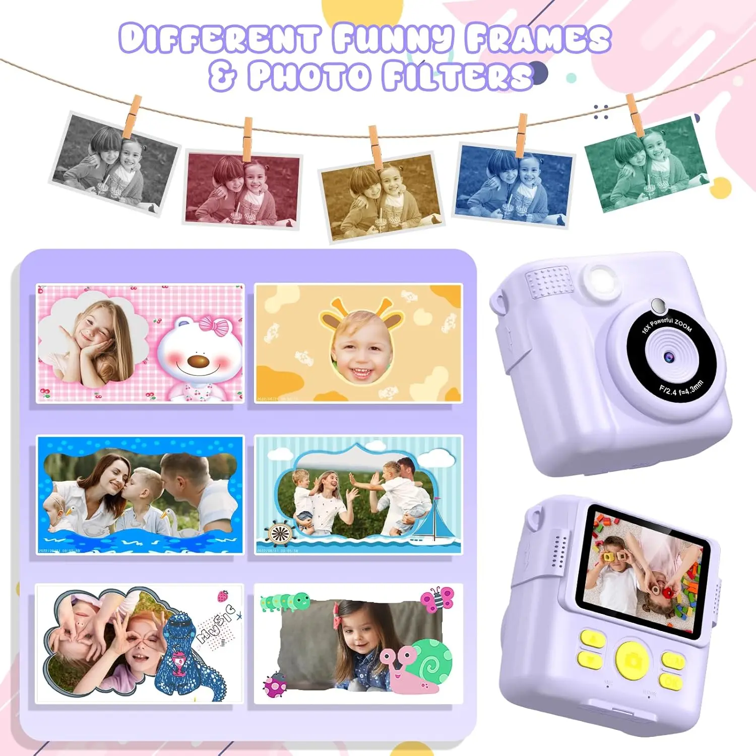 Gofunly Fotocamera a stampa istantanea per bambini Fotocamera digitale con stampa termica 2.4 "1080P Fotocamera giocattolo per 6-12 anni