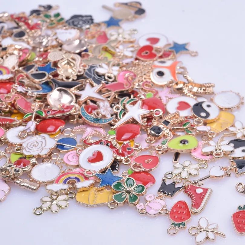 30/50/100PCS Mixed Gold Color Alloy Enamel Cute Heart Flower Fruit Charms Pendant For DIY Earrings Bracelet Jewelry Accessories