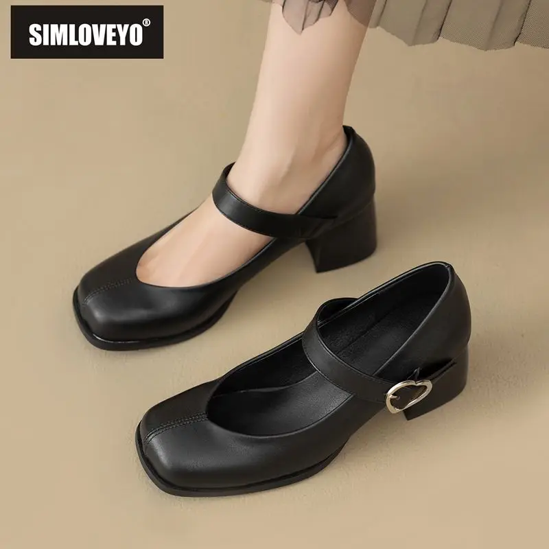 

SIMLOVEYO Hot Sweet Женские туфли-лодочки с квадратным носком 5,5 см на блочном каблуке с пряжкой в форме сердца и ремешком Большие размеры 44 45 46 47 Осенние туфли Мэри Джейн