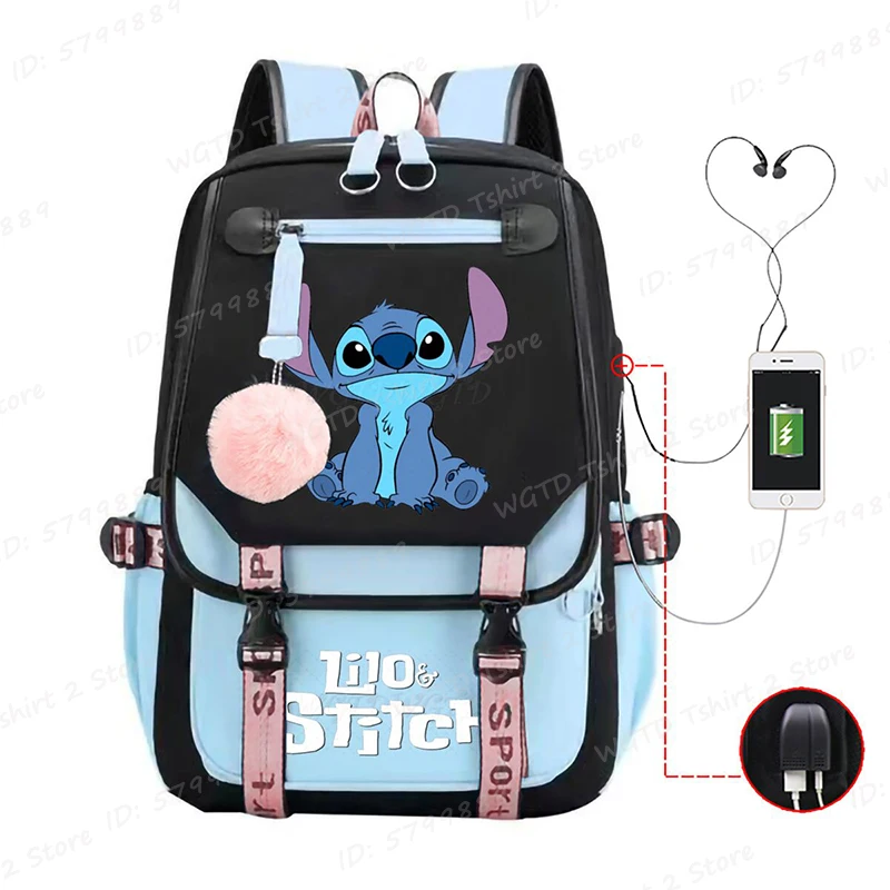 

Cute Disney Lilo Stitch Graphic School Backpack Children Boys Girls Schoolbags Cartoon Large Capacity Book Bag USB Charging Bags