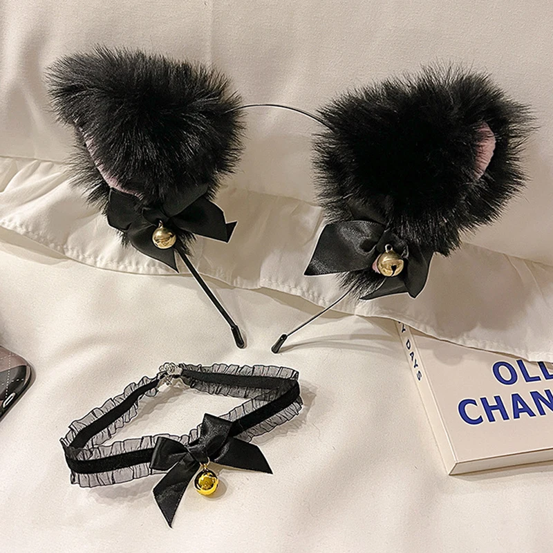 Sexy orelhas de gato bandana para mulheres meninas laço arco colar de pelúcia sino hairband cosplay masquerade-festa traje acessórios para o cabelo