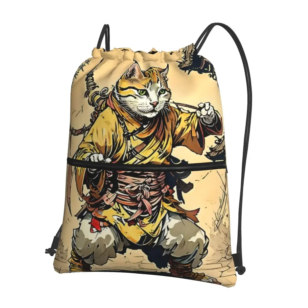 Shaolin Cat Mastering Martial Arts Portable Backpacks Drawstring Bag Casual Drawstring Bundle Pocket Book Bags For Travel Sport