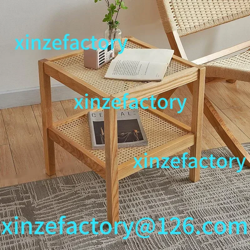 

Customizable Solid Wood Square Rattan Woven Side Balcony Tea Japanese Homestay Double Layered Coffee Table