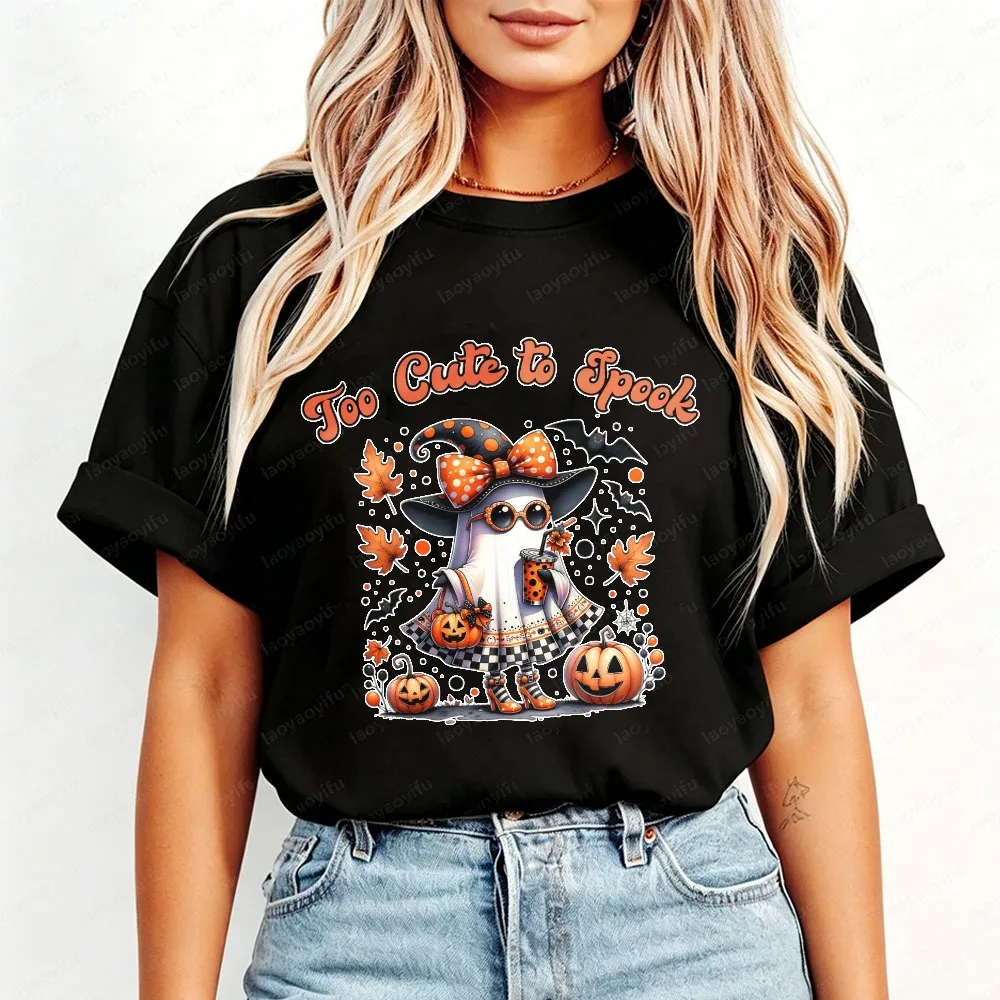 Too Cute To Spook Ghost Witch Tee Cotton  Women Tops Whimsical Girly Halloween Streetwear Playful Witch Ghost Motif T Shirt