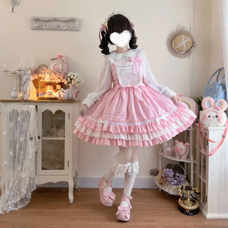 Kawaii Princess Sweet Lolita sukienka z falbankami JSK letnia sukienka na szelkach dziewczęca koronkowa sukienka z kokardką Party Loli