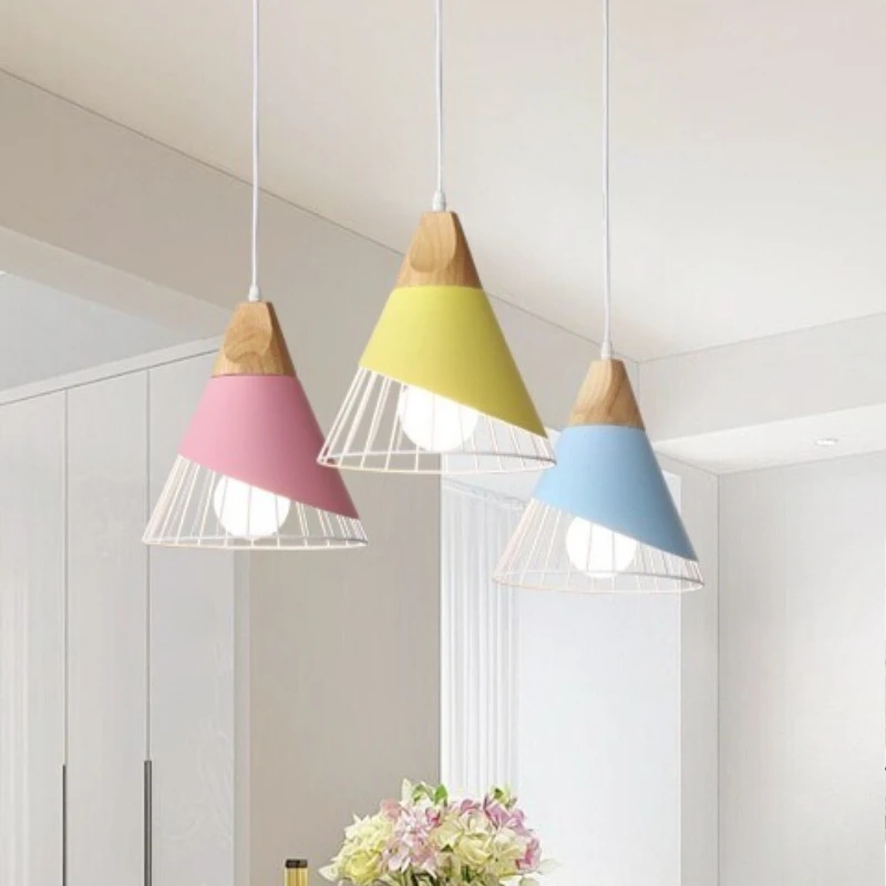 Nordic Minimalist Macaron Pendant Light Iron Solid Wood E27 Lamp Decorative Lighting for Dining Room Bedroom Living Room Home