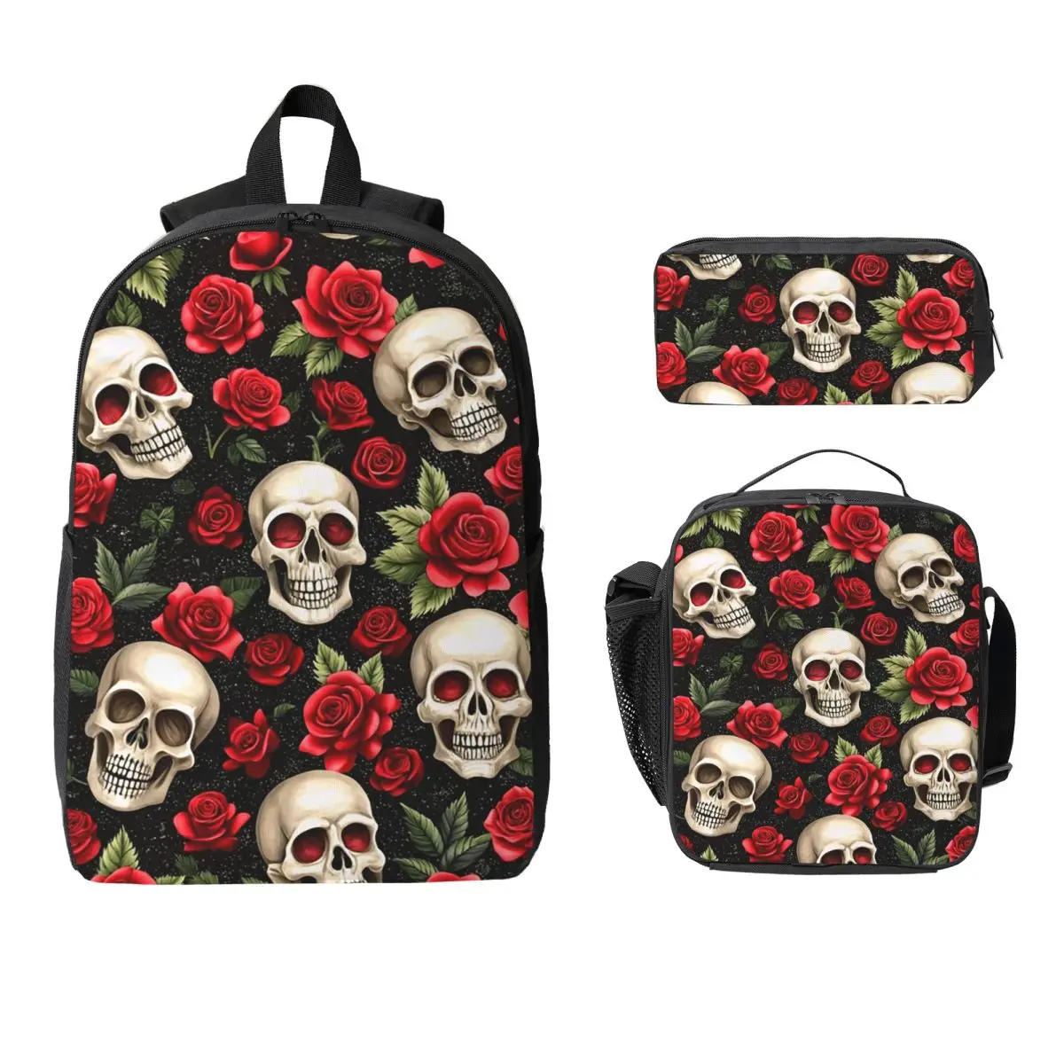 

Rose Skull Gothic Style Pattern Backpack Boys Girls BookBag School Bag Laptop Shoulder Bags 3ps Insulated Lunch Bag Pencil Case