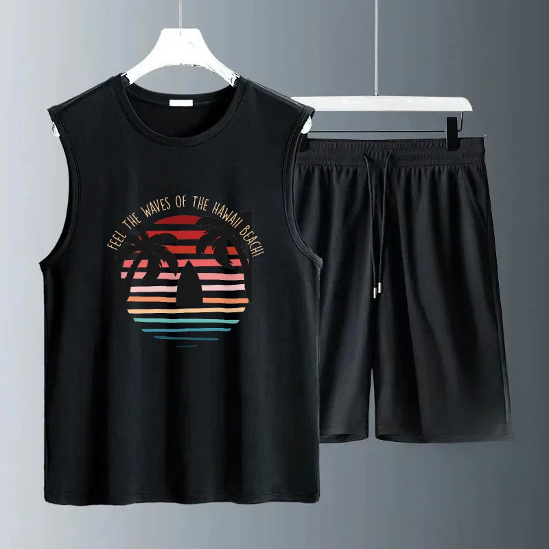 

2025 мужской повседневный летний комплект без рукавов, модные спортивные футболки + шорты, костюмы, дышащий удобный наряд для спортивного костюма для горячей погоды