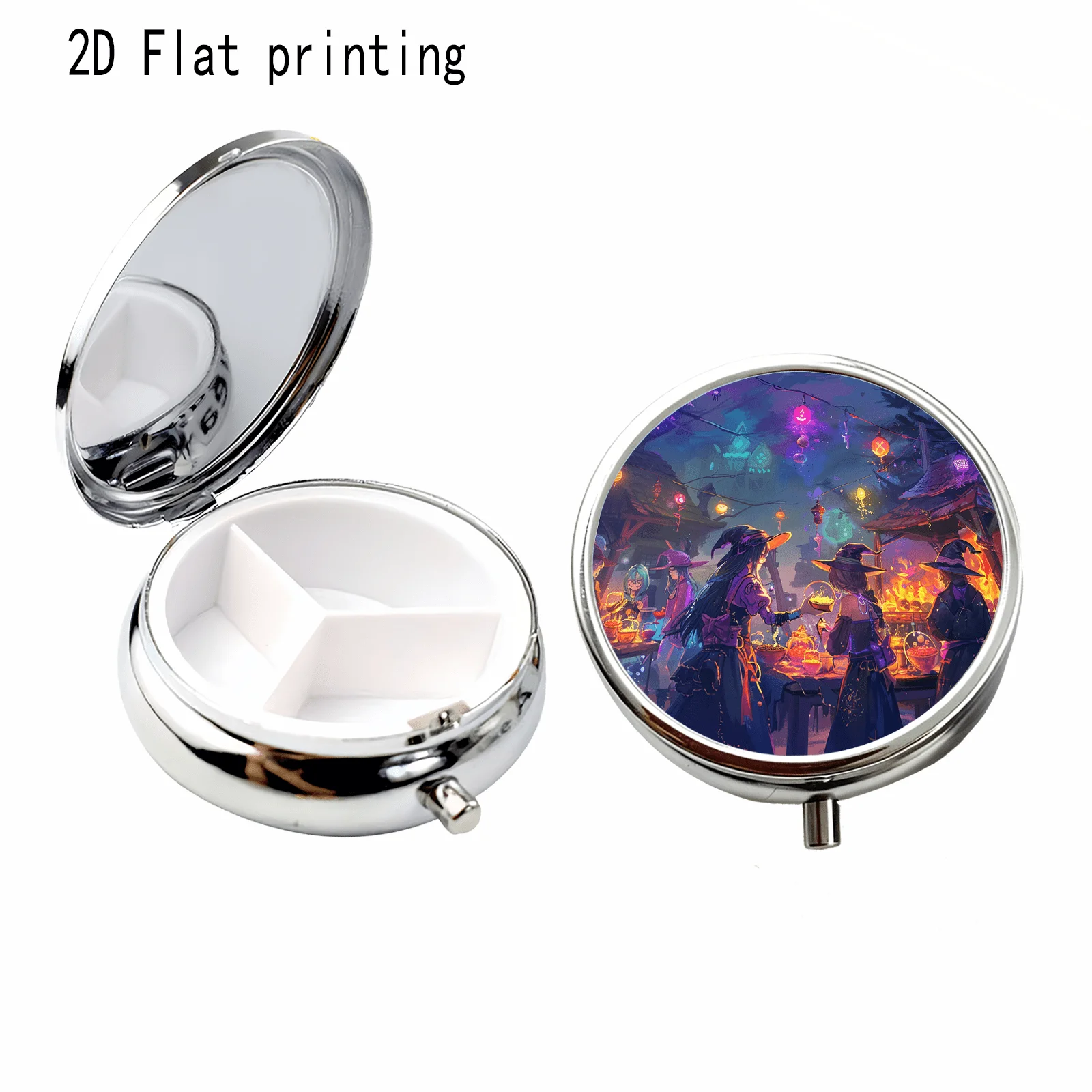 1Pc Round Pill Box with Halloween Street Scene, Witch Lights, Night Sky Circular Pattern, Halloween Fantasy Fluid Style, Flat Printing, Round Portable Pill Box, Three-Compartment Portable Dispenser, Earring Storage, Jewelry Storage, Moisture-Proof Storage, Suitable for Gifts to Friends, Elders, Birthday Gifts, Made of Durable Metal and Plastic