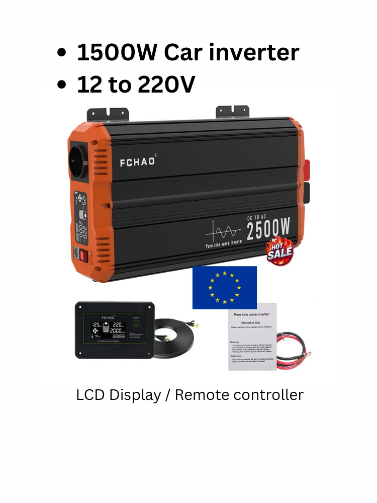 FCHAO 1500W Car Inverter 12V to 220V 230V 50Hz, 3000W Peak, Pure Sine Wave, Remote Controller, DC to AC Converter for Car/RV/Sol