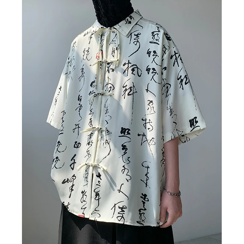 

Hawaiian Shirt For Men Chinese Letter Printed Half Sleeved Tops Summer Quick Drying Men Clothing Loose Oversized Men'S Shirts