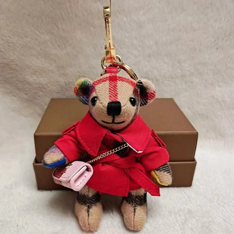 New Collectible Cashmere Plaid Trench Coat Teddy Bear Charm Car Hanging Keychain Bag Pendant Cute Gift Women Men