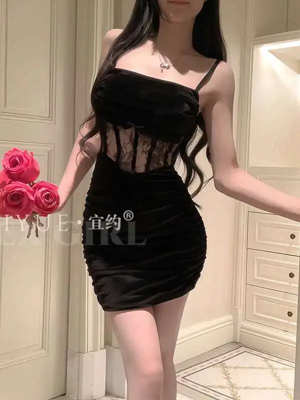 Sexy Hot Girl Nightclub Uniform Velvet Strap Bodycon Dress Elegant Women's Uniform Temptation Fashion Sweet Mini Dress MH99