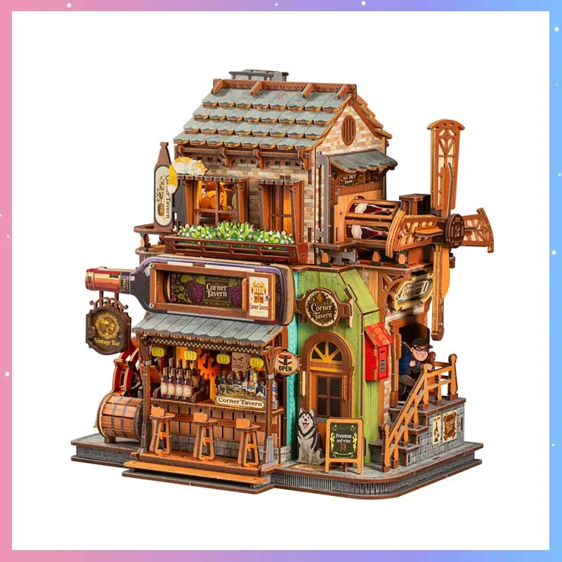 DIY Mini House Corner Tavern JTMX008 Wooden 3D Puzzle Handmade Assembled Model Building Kits Miniature Desktop Decor Adult Gift