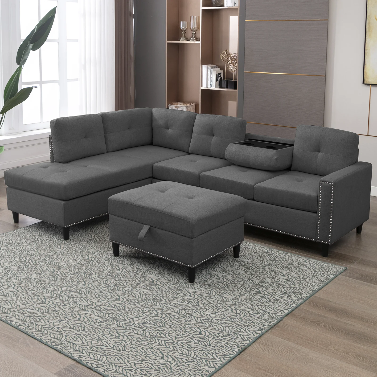 HORGAEO Oversized Sectional Sofa Set with Reversible Storage Ottoman and Cup Holder, 5 Seater Modular Sofa