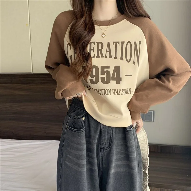 Contrast paneled cropped sweatshirt spring autumn 2023 new pure cotton vintage letter print babes long sleeve top