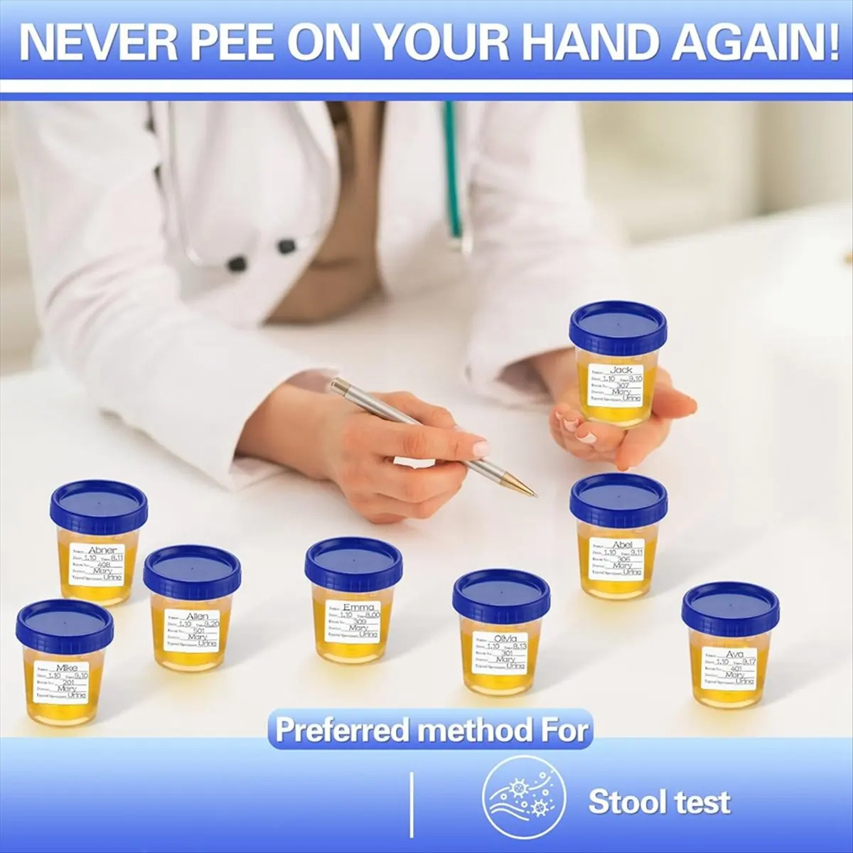 ABZT 30 Pcs Urine Collection Hats for Toilet Sets Including 10 Urine Collector, 10 Sample Cup Containers, 10 Stickers