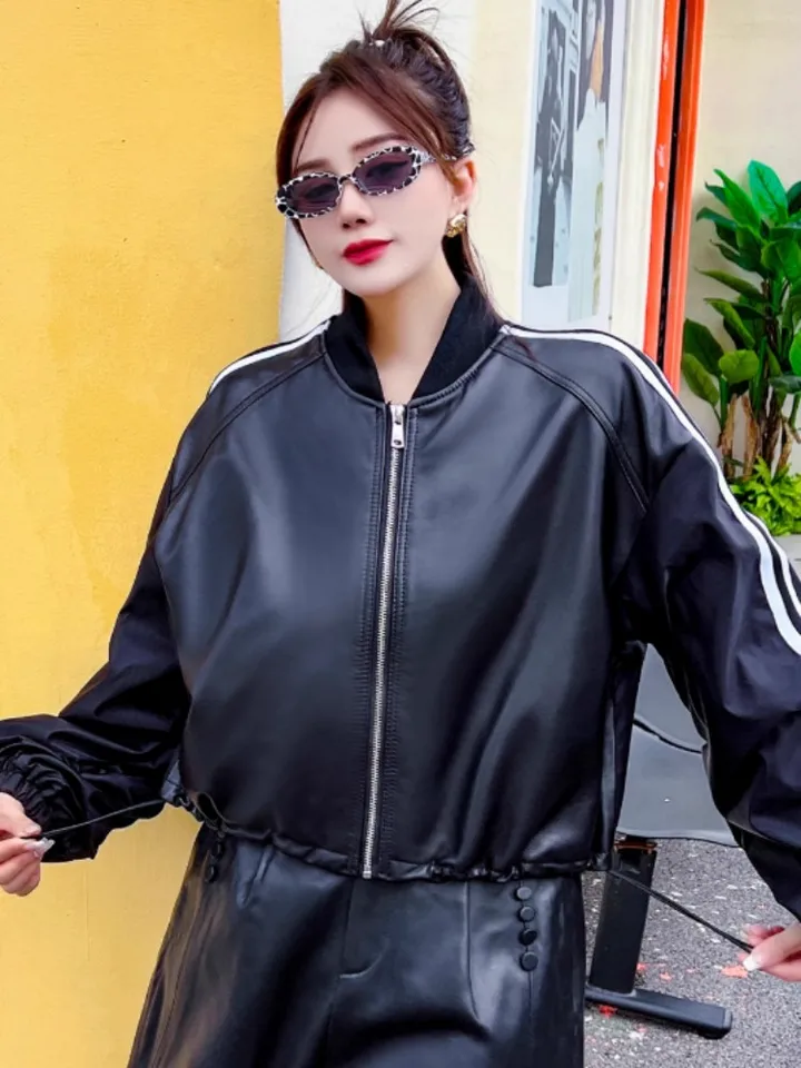 Hip Hop Women Genuine Leather Bomber Jacket Long Sleeve Casual