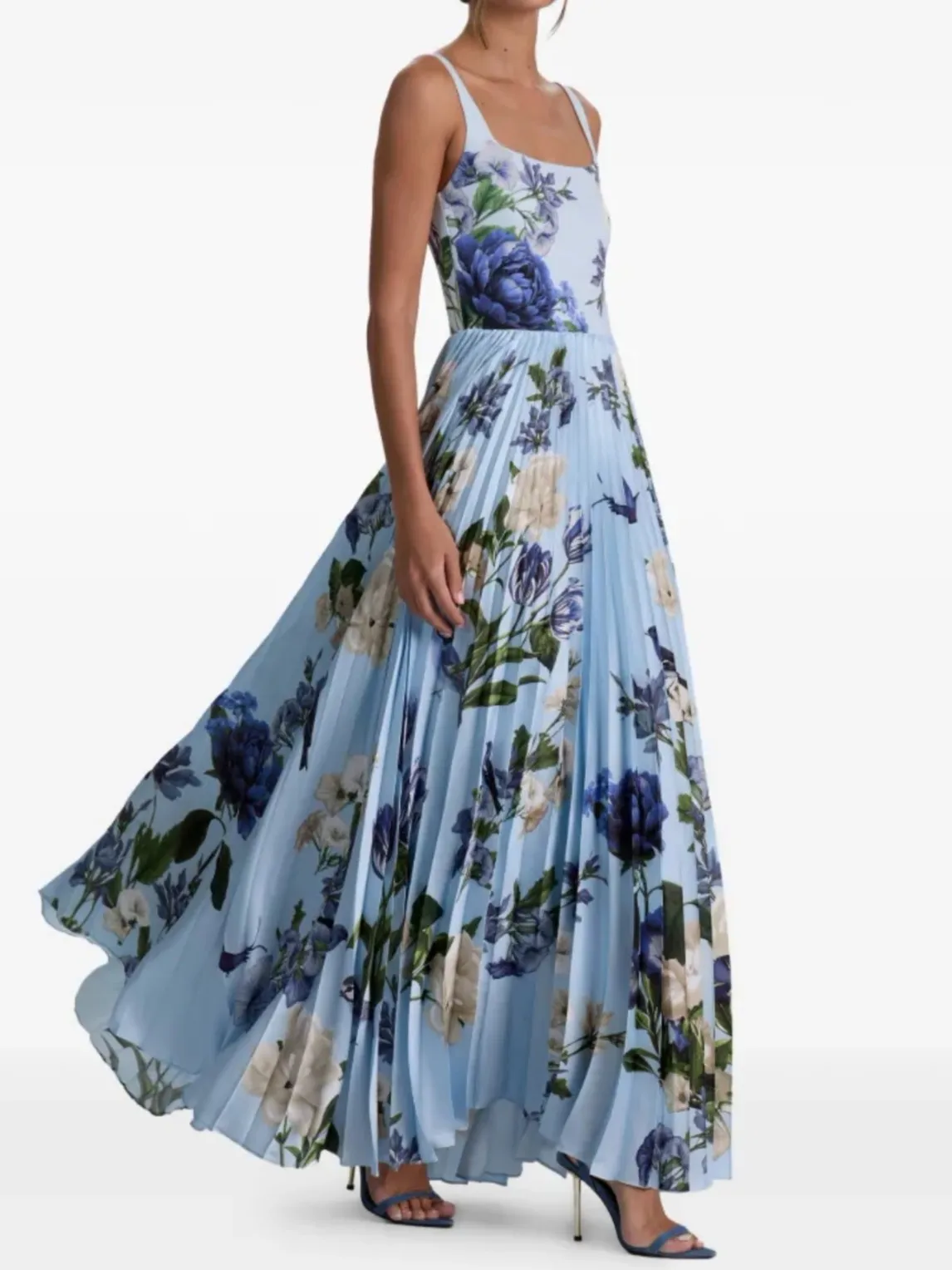 Ladies Floral Print Blue Vest Dress Square Collar Sleeveless High Waist Pleated Elegant Female Robe