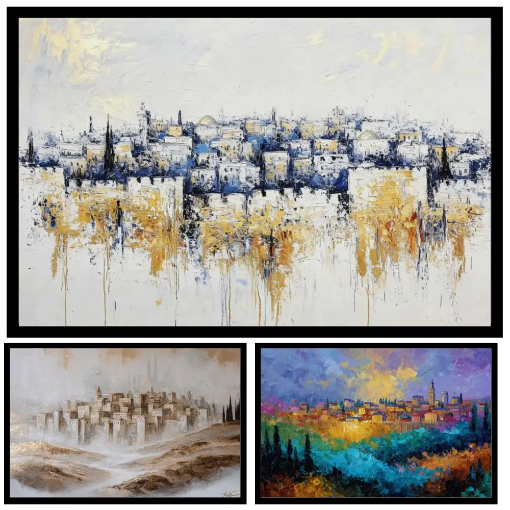 Large Contemporary Abstract Canvas Wall Art Jerusalem Old City Panorama Blue Gold HD Printed Painting Jewish Decor Dining Room