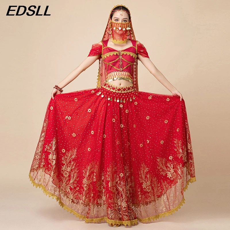 Ropa exótica para actuación de baile para mujeres y niñas, disfraz de Halloween, disfraz de danza del vientre, traje de danza india, falda oscilante grande