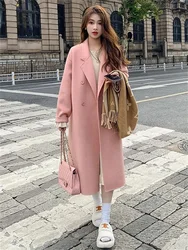 Elegant Loose Woolen Trench Coat Women Fashion Korean Long Sleeve Lapel Double Breasted Jacket Mid Length Autumn Winter Cardigan