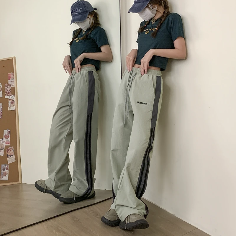 American Military Green Vintage Drawstring Sweatpants High Waisted Straight Wide Leg Pants Baggy Stripe Trouser Ladies Summer